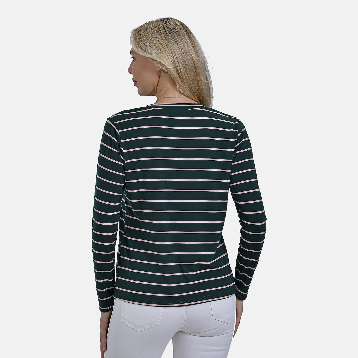 & Maisi Wrinkle Free Full Sleeve Stripe Jersey Top (Size S) - Green & Pink