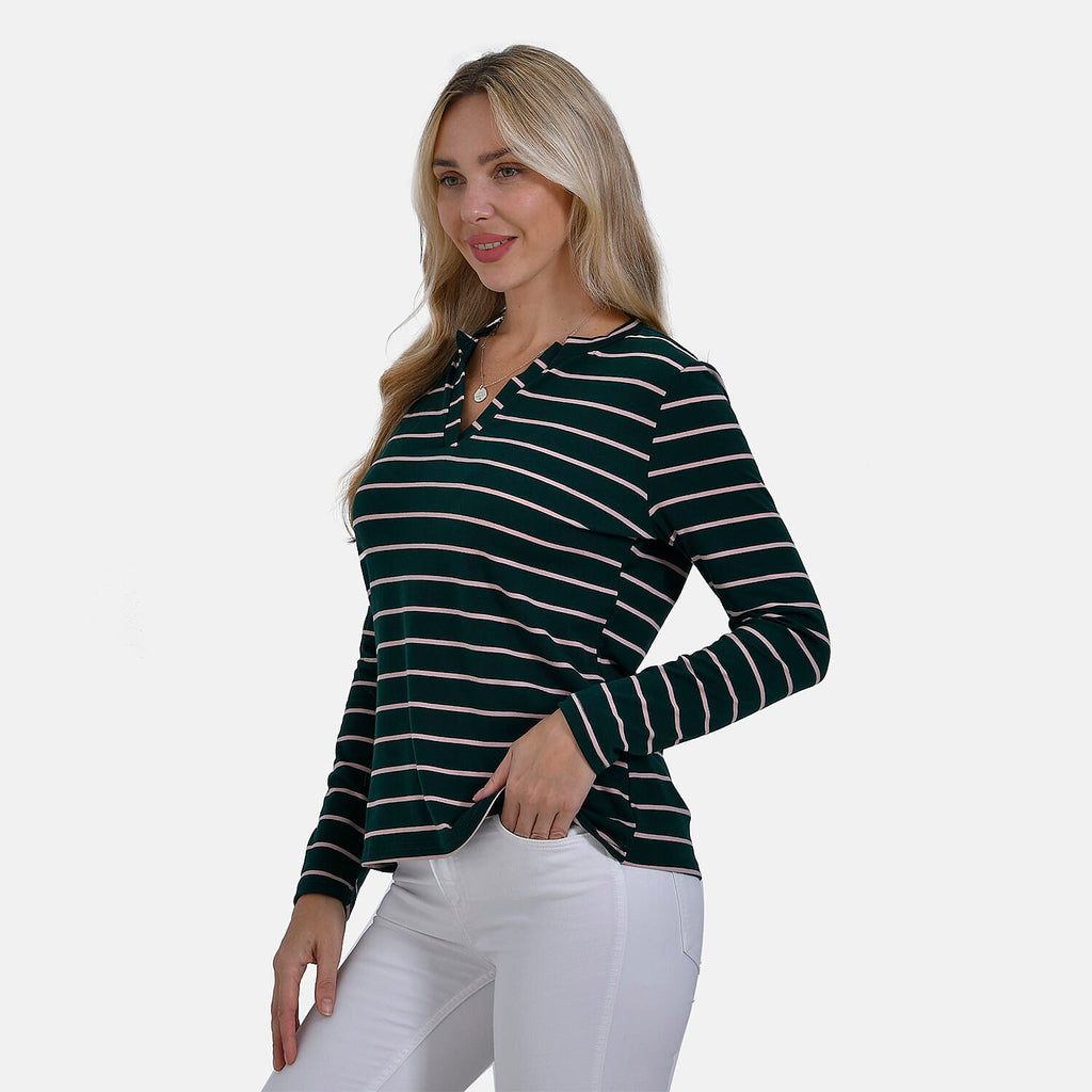 & Maisi Wrinkle Free Full Sleeve Stripe Jersey Top (Size S) - Green & Pink