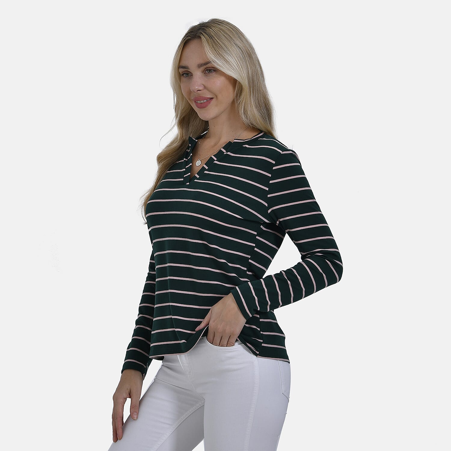 & Maisi Wrinkle Free Full Sleeve Stripe Jersey Top (Size S) - Green & Pink