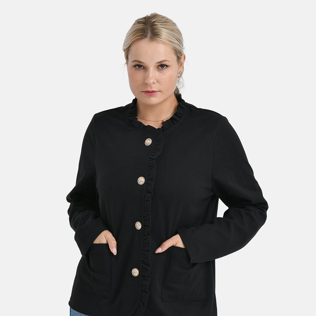 -Maisi Frill Trim Gold Button Suede Feel Jacket (Size XL, 20 to 22) - Black