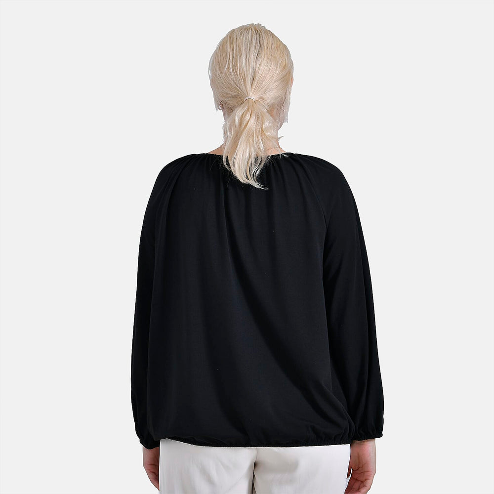 & Maisi Jersey Balloon Sleeve Top with Drawstring V-Neck (Size XL) - Black