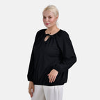 & Maisi Jersey Balloon Sleeve Top with Drawstring V-Neck (Size XL) - Black