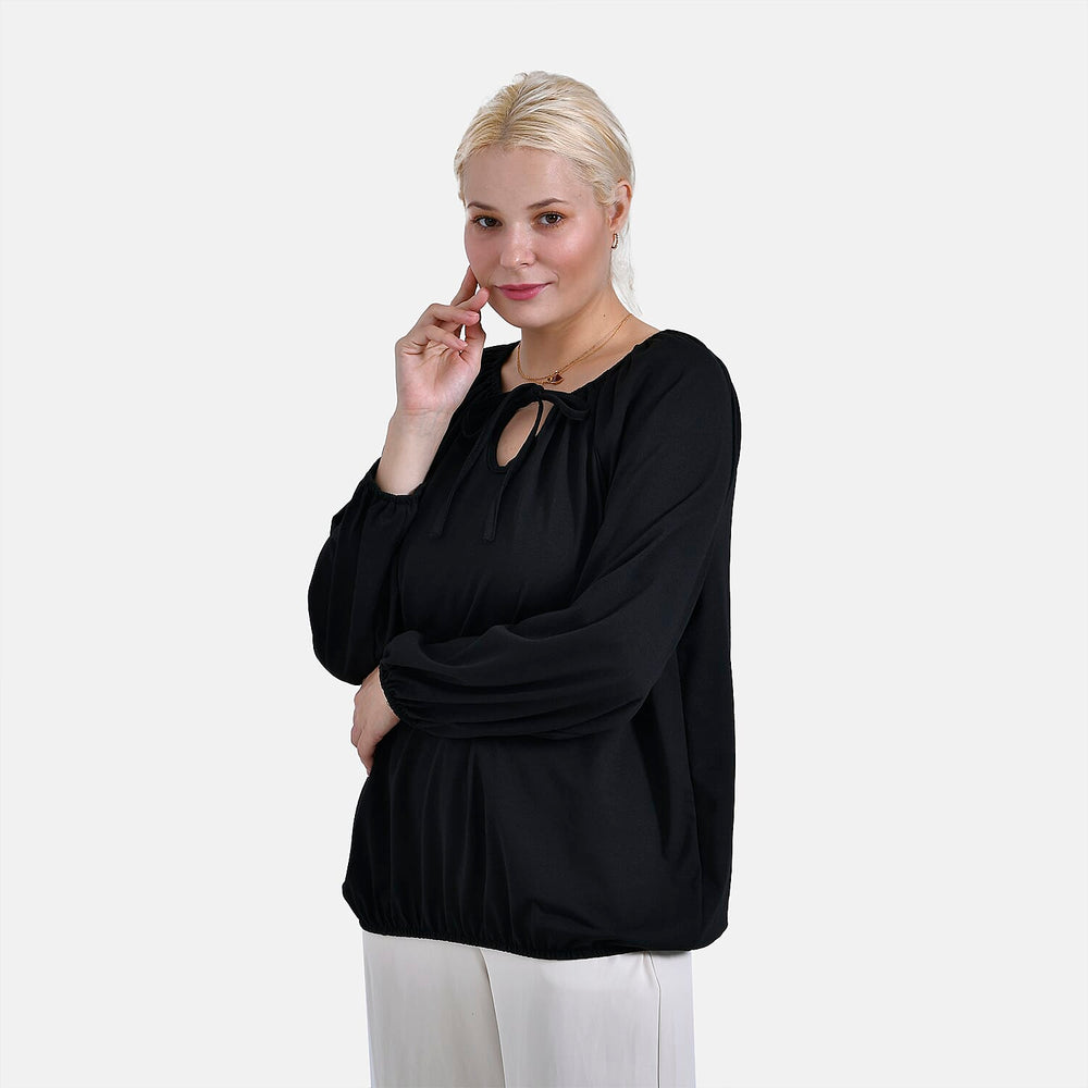 & Maisi Jersey Balloon Sleeve Top with Drawstring V-Neck (Size XL) - Black