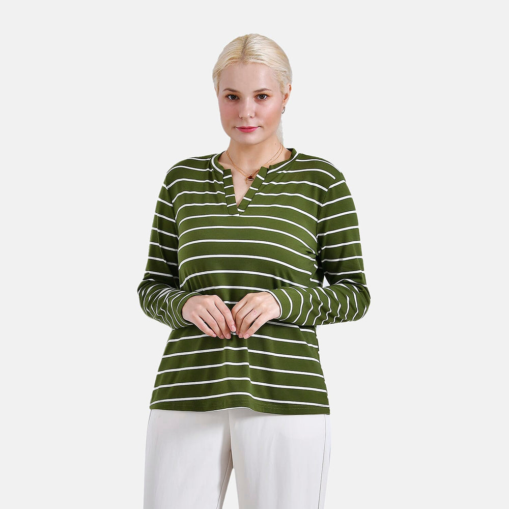- Maisi Wrinkle Free Full Sleeve Stripe Jersey Top (Size XL) - Green and White