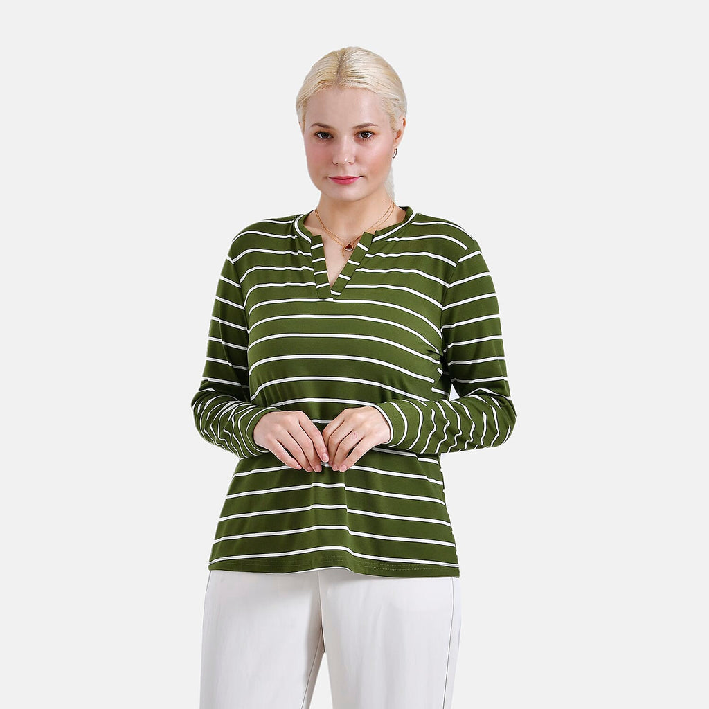 - Maisi Wrinkle Free Full Sleeve Stripe Jersey Top (Size XL) - Green and White