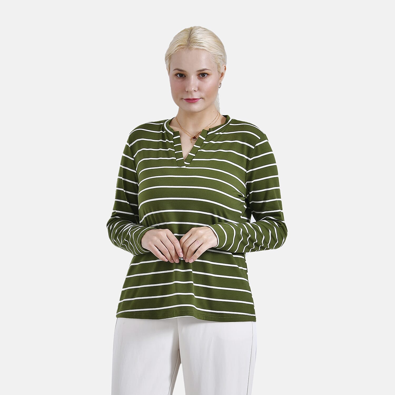 - Maisi Wrinkle Free Full Sleeve Stripe Jersey Top (Size XL) - Green and White