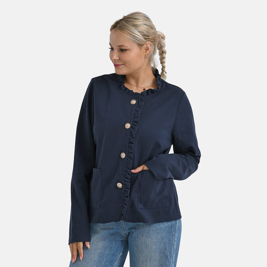 -Maisi Frill Trim Gold Button Suede Feel Jacket (Size XL, 20 to 22) - Navy