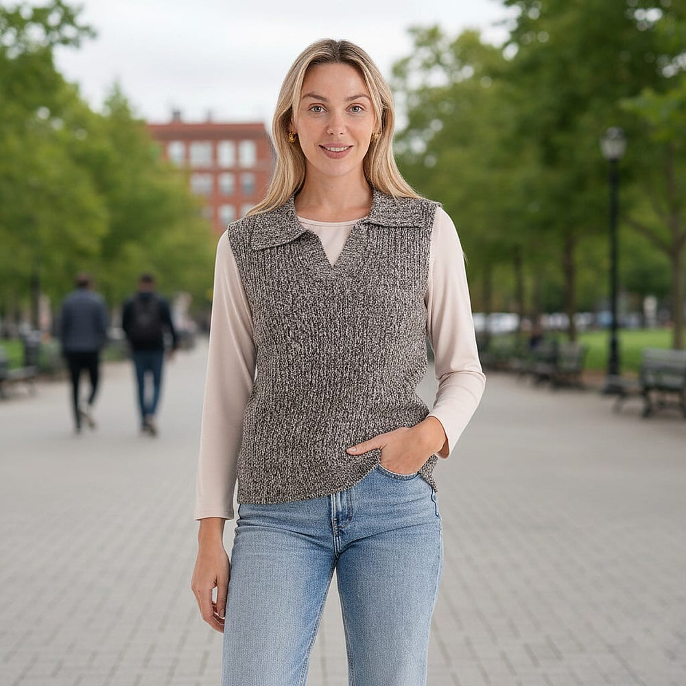 & Maisi V-Neck Marl Open-Collar Cable Knitted Vest (Size 16 To 20) - Grey