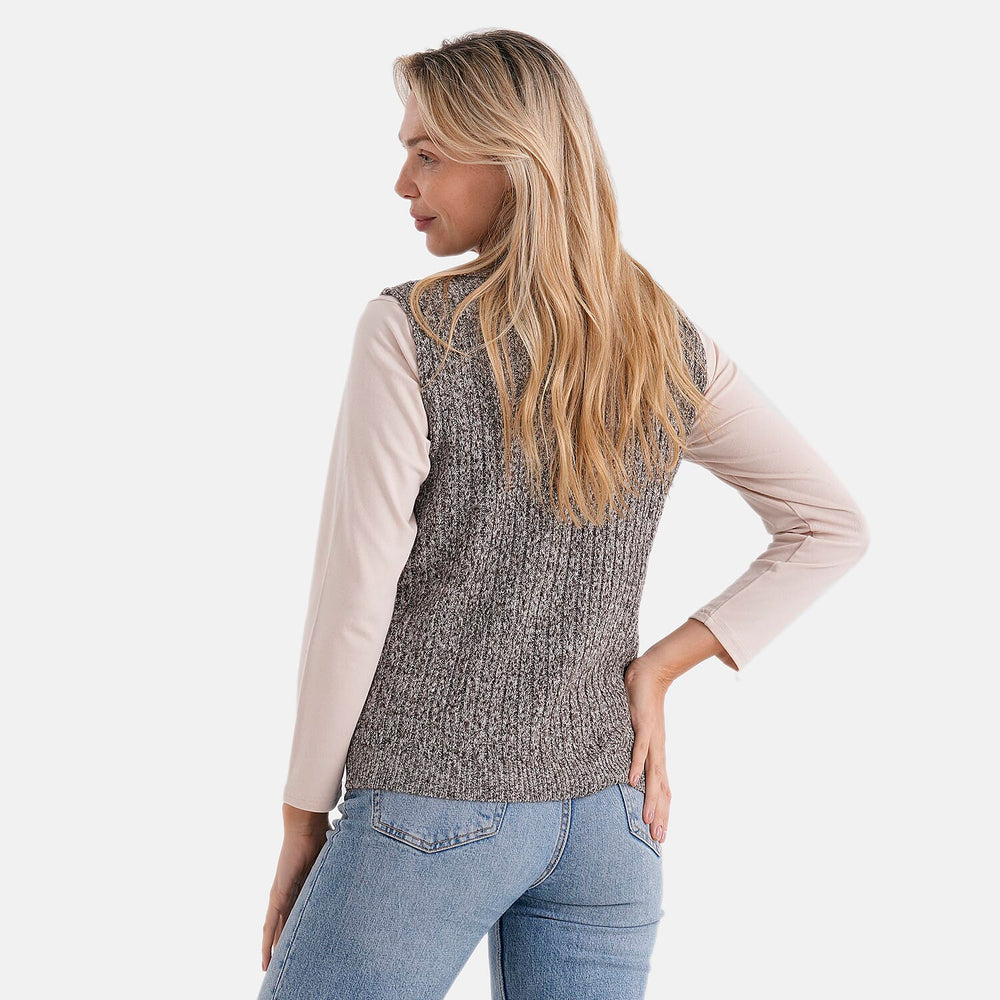 & Maisi V-Neck Marl Open-Collar Cable Knitted Vest (Size 16 To 20) - Grey