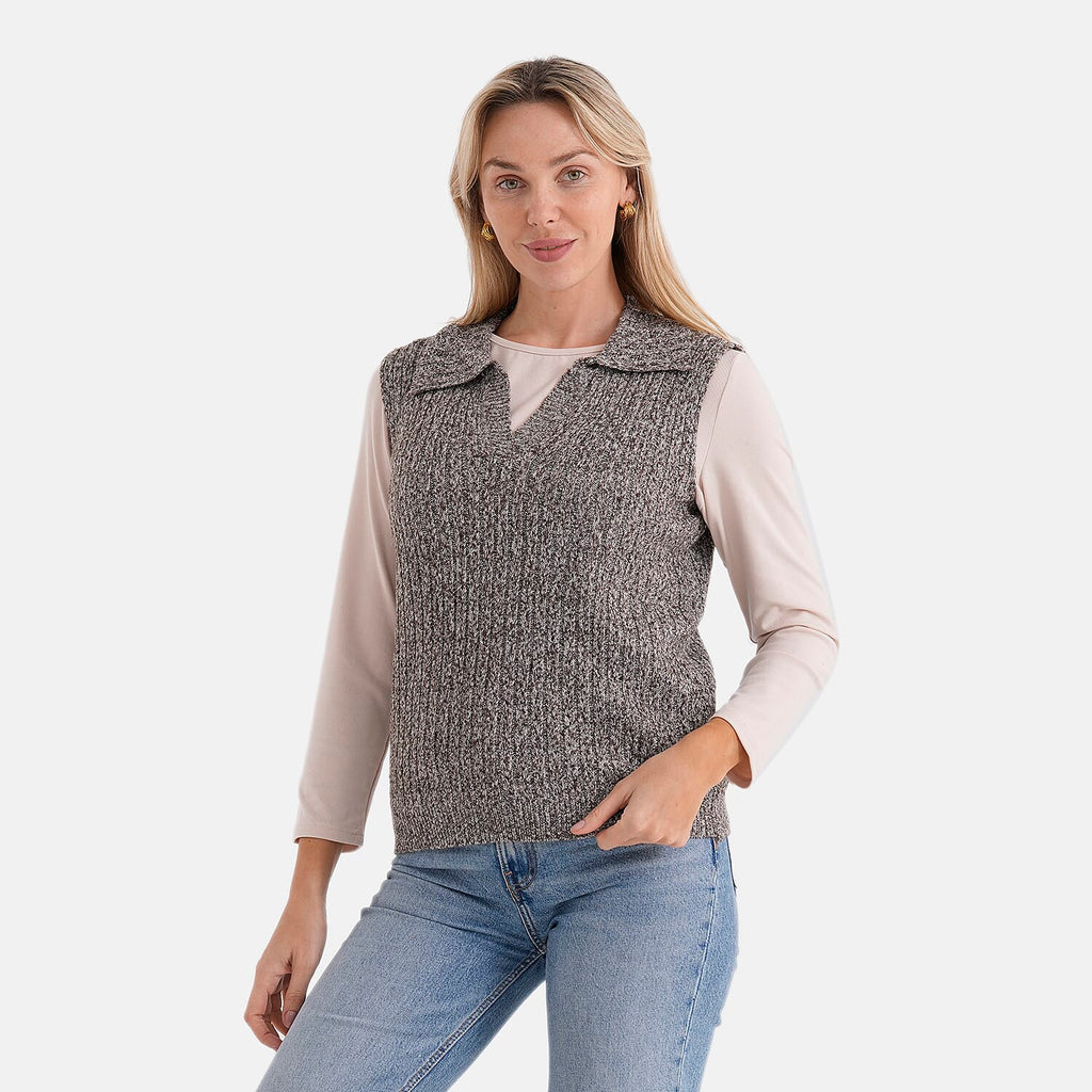 & Maisi V-Neck Marl Open-Collar Cable Knitted Vest (Size 16 To 20) - Grey