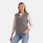 & Maisi V-Neck Marl Open-Collar Cable Knitted Vest (Size 16 To 20) - Grey