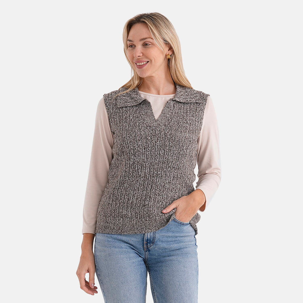 & Maisi V-Neck Marl Open-Collar Cable Knitted Vest (Size 16 To 20) - Grey