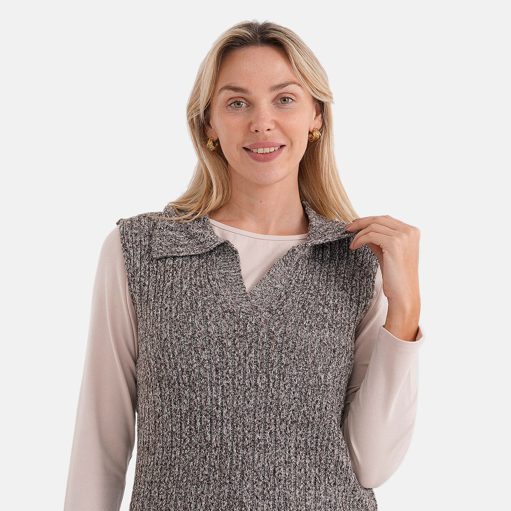 & Maisi V-Neck Marl Open-Collar Cable Knitted Vest (Size 16 To 20) - Grey