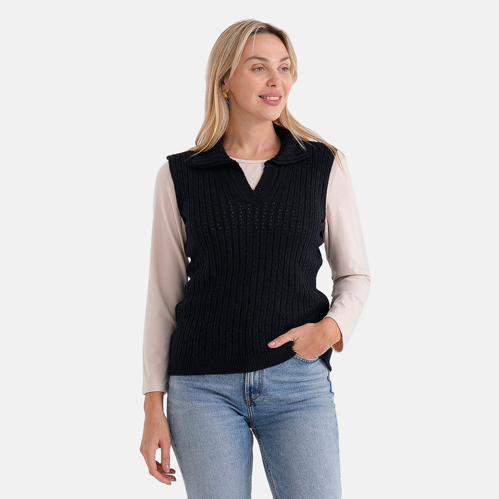 & maisi Women’s V-Neck Marl Cable Knit Vest with Open Collar & Relaxed Fit