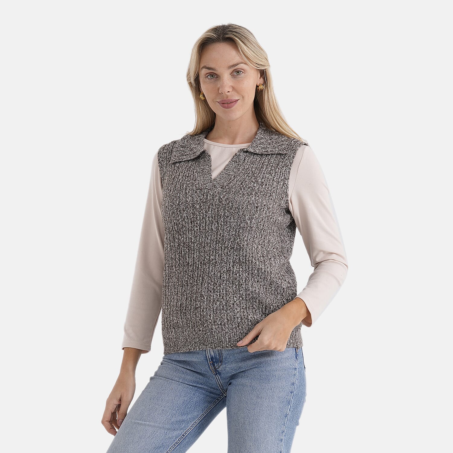 & Maisi V-Neck Marl Open-Collar Cable Knitted Vest (Size 10 To 14) - Grey