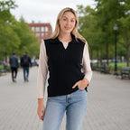 & maisi Women’s V-Neck Marl Cable Knit Vest with Open Collar & Relaxed Fit