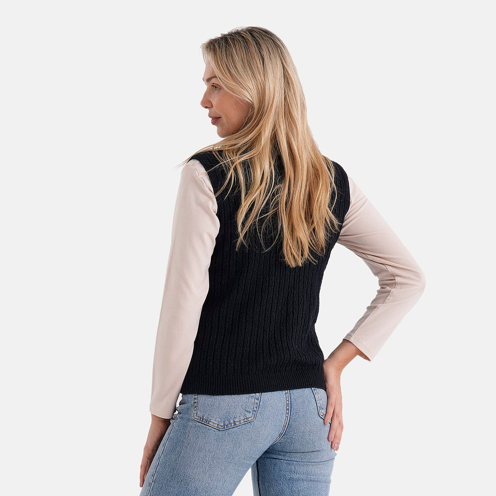 & maisi Women’s V-Neck Marl Cable Knit Vest with Open Collar & Relaxed Fit