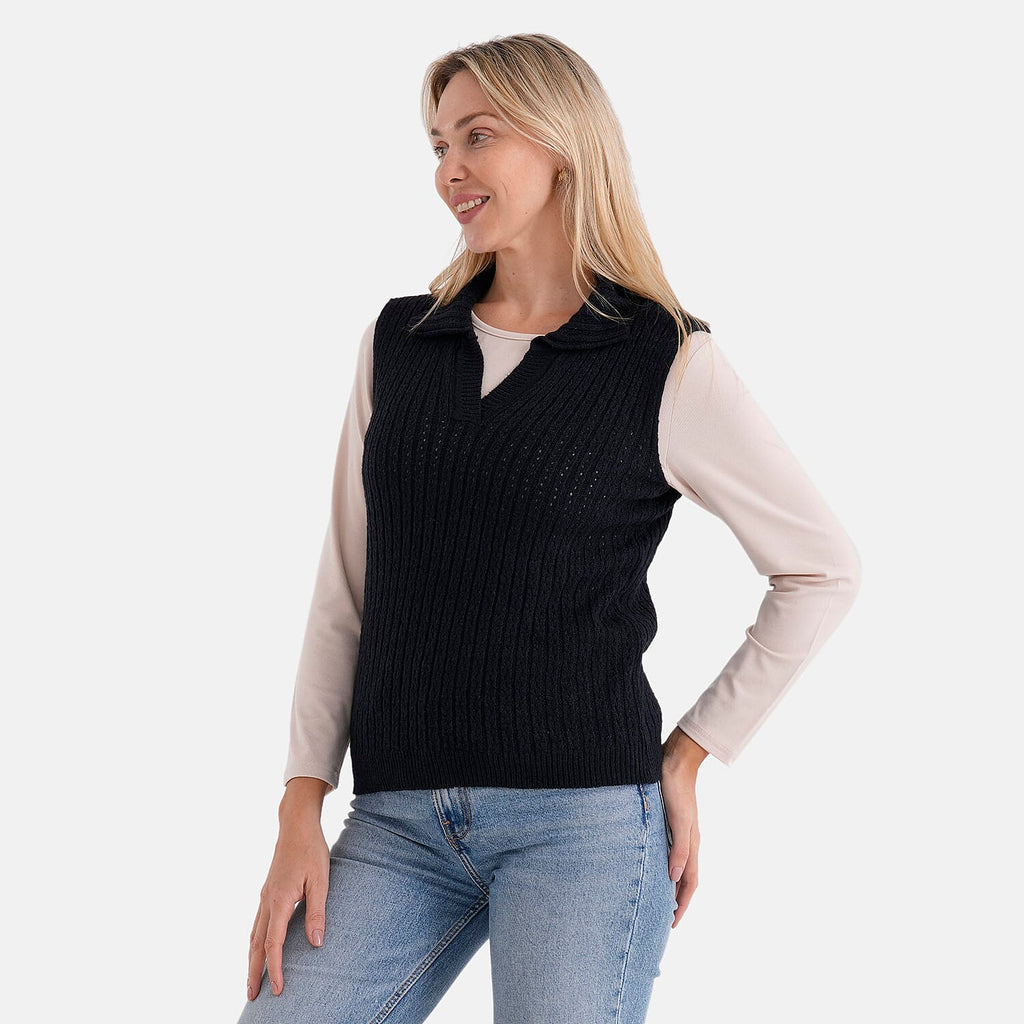 & maisi Women’s V-Neck Marl Cable Knit Vest with Open Collar & Relaxed Fit