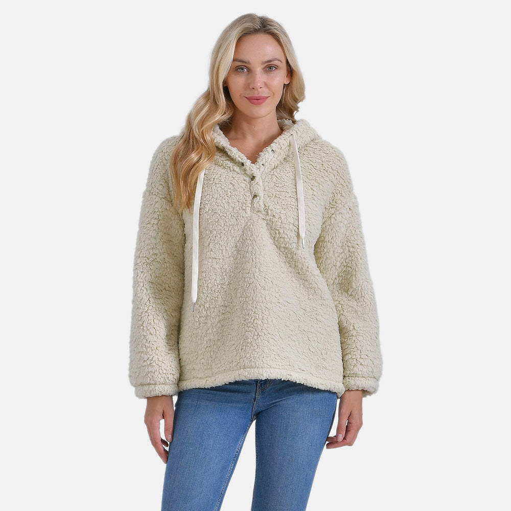 - Maisi Plush Hoodie with Button Neck (Size L) - Beige