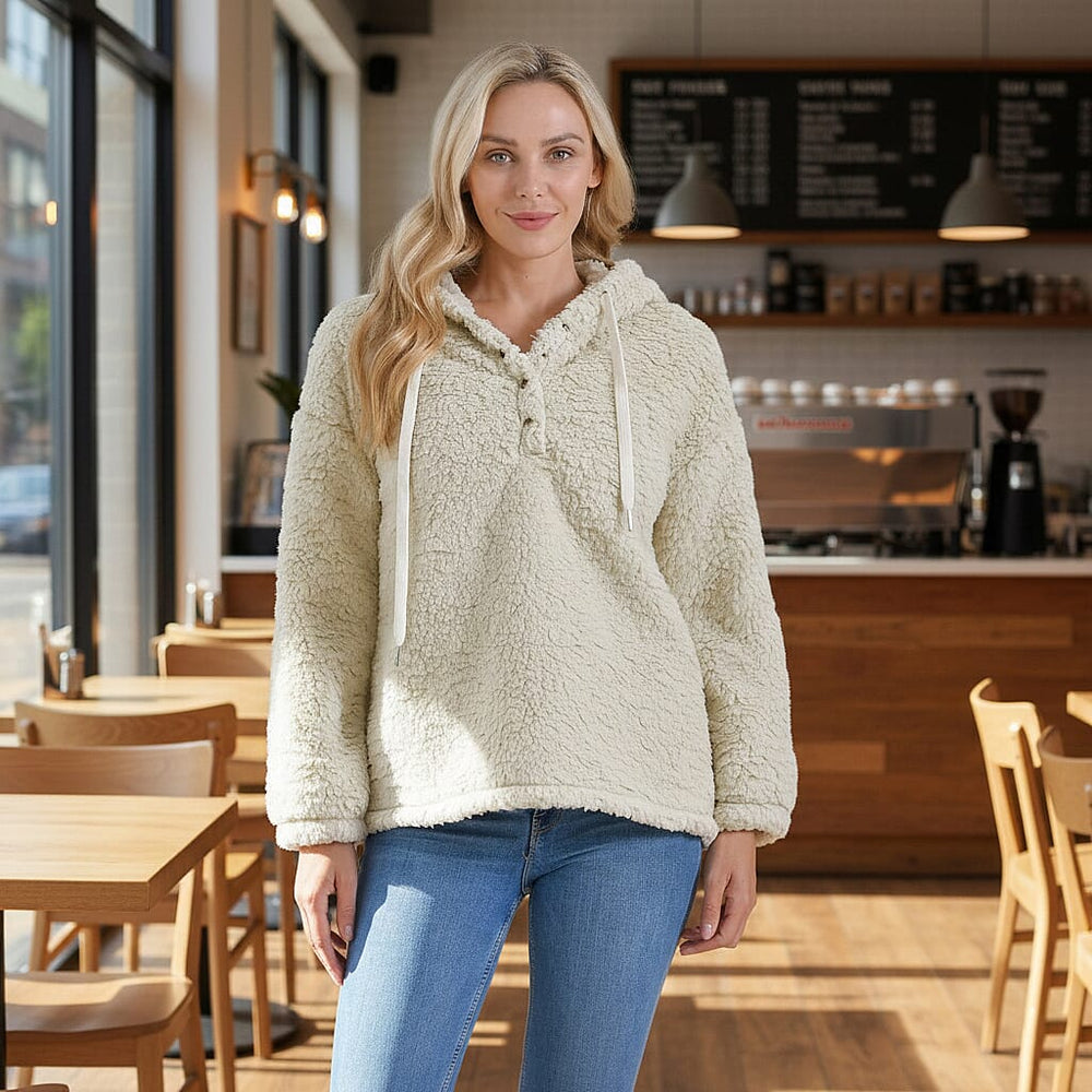 - Maisi Plush Hoodie with Button Neck (Size L) - Beige