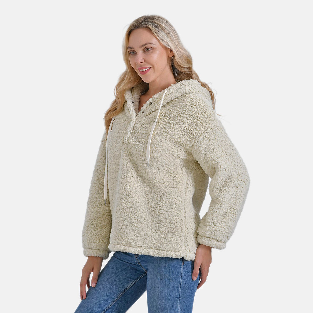 - Maisi Plush Hoodie with Button Neck (Size L) - Beige