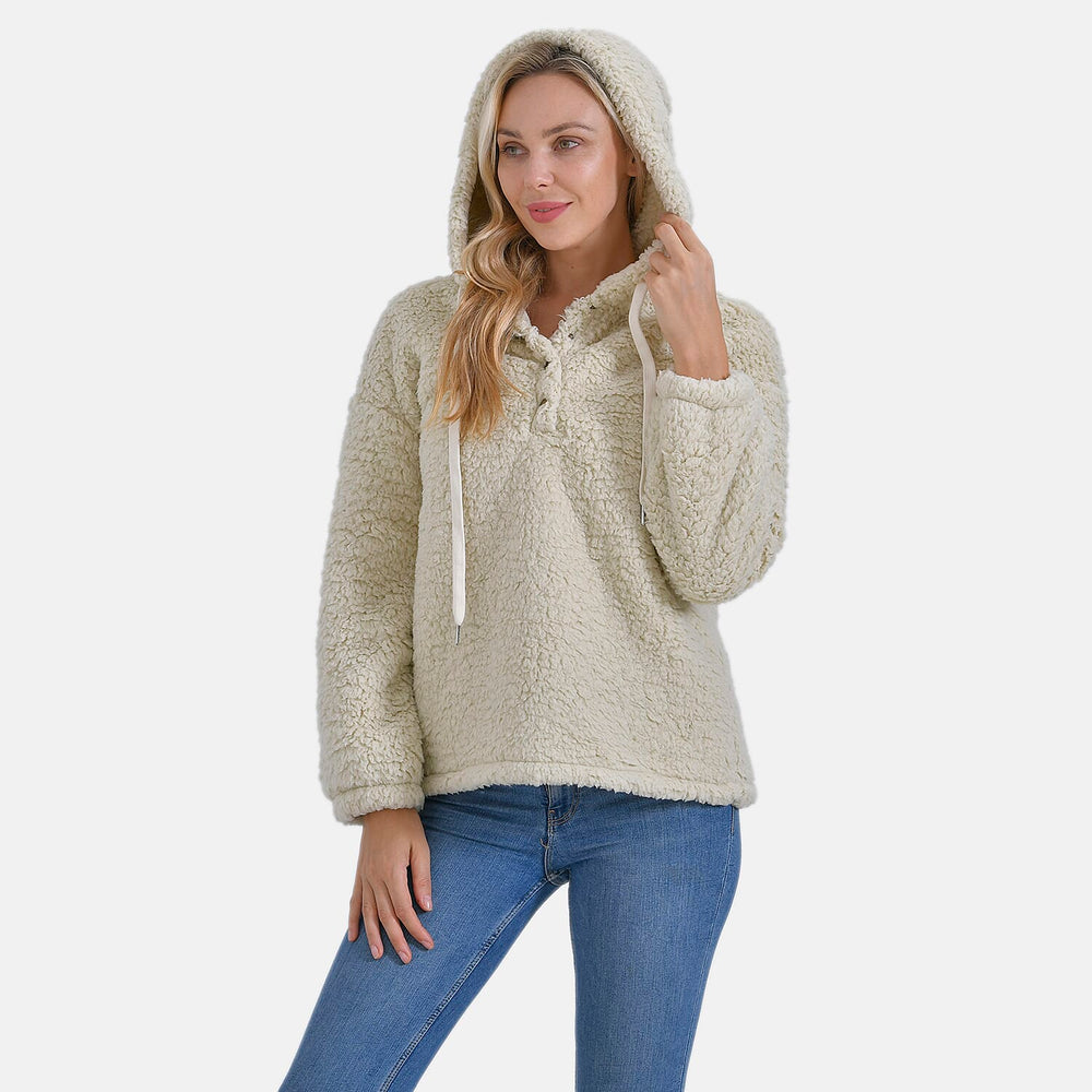 - Maisi Plush Hoodie with Button Neck (Size L) - Beige