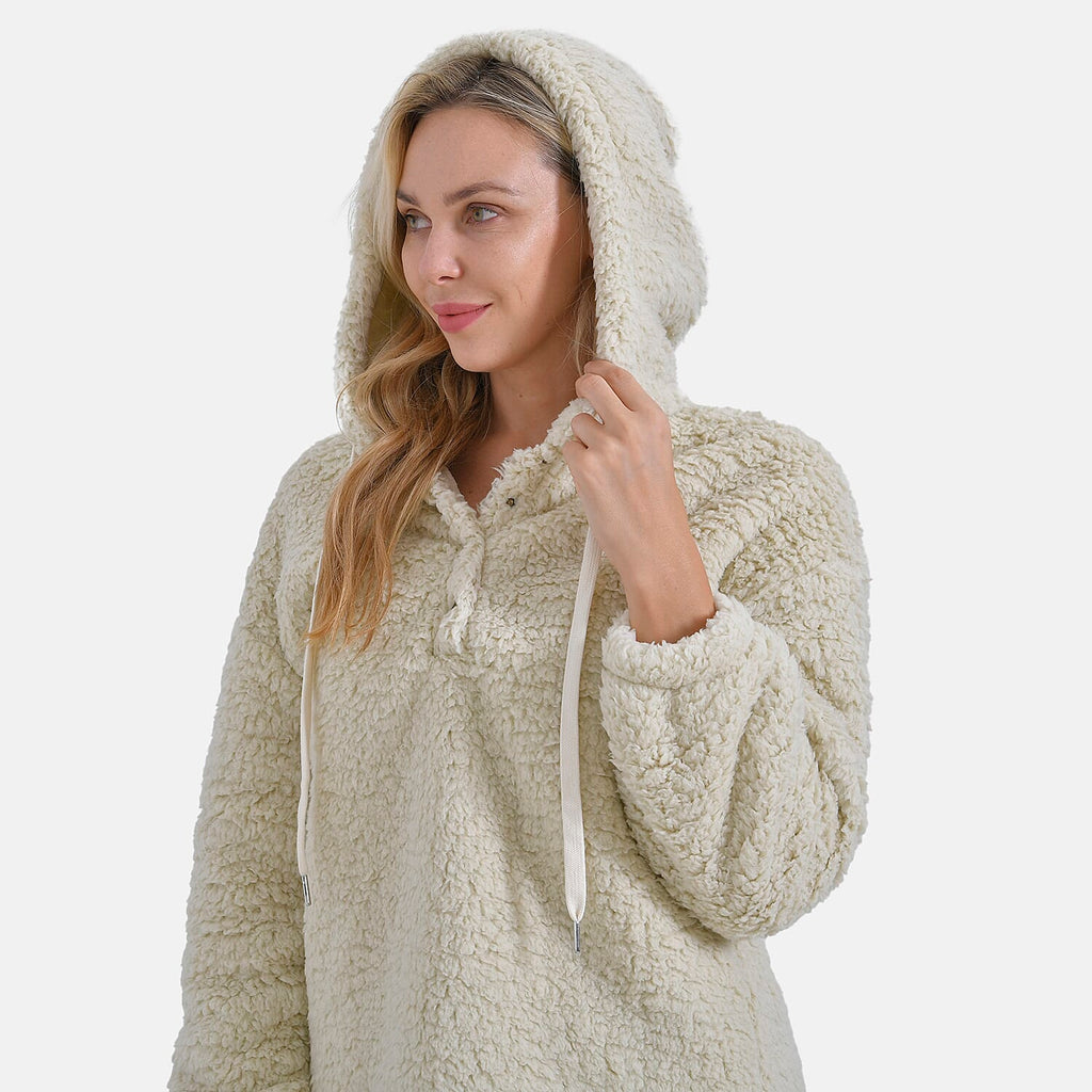 - Maisi Plush Hoodie with Button Neck (Size L) - Beige
