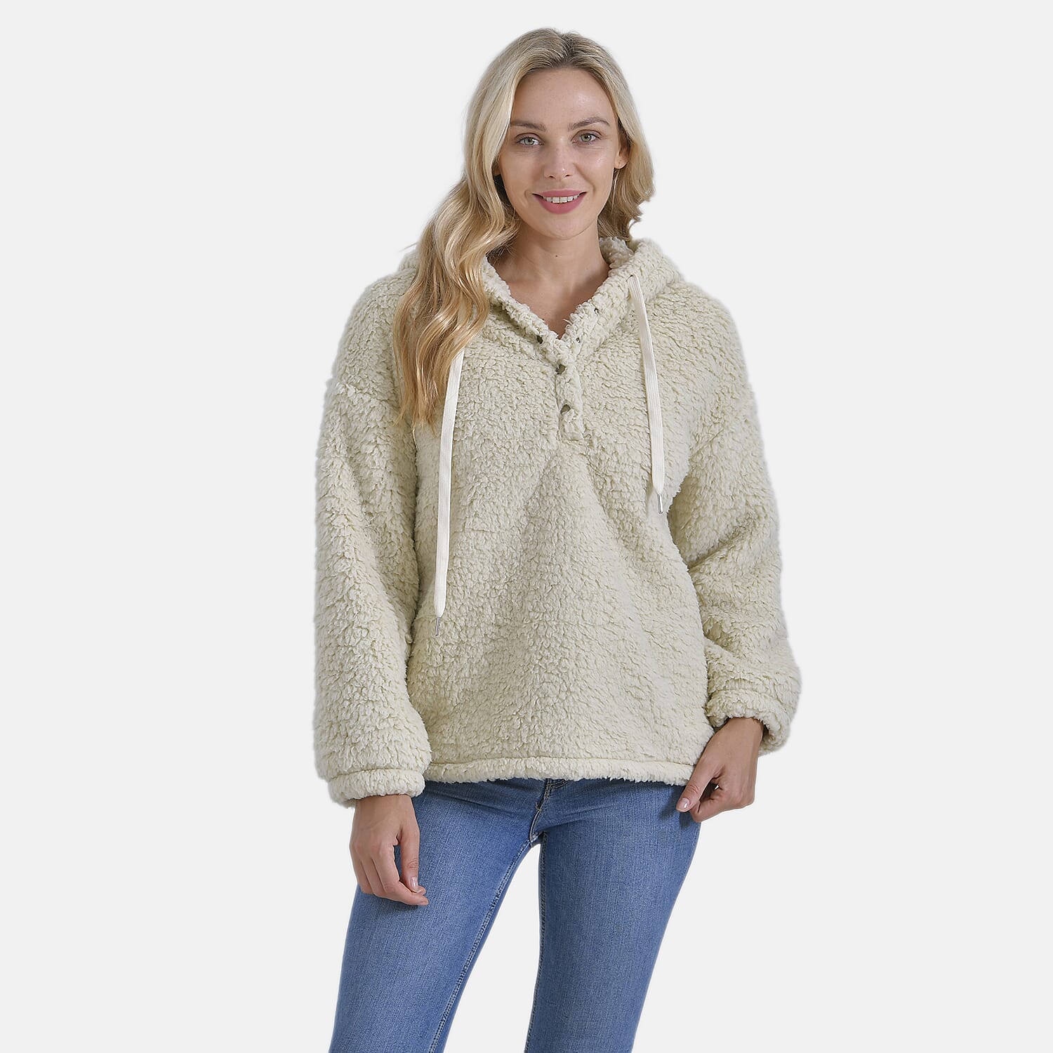 - Maisi Plush Hoodie with Button Neck (Size M) - Beige