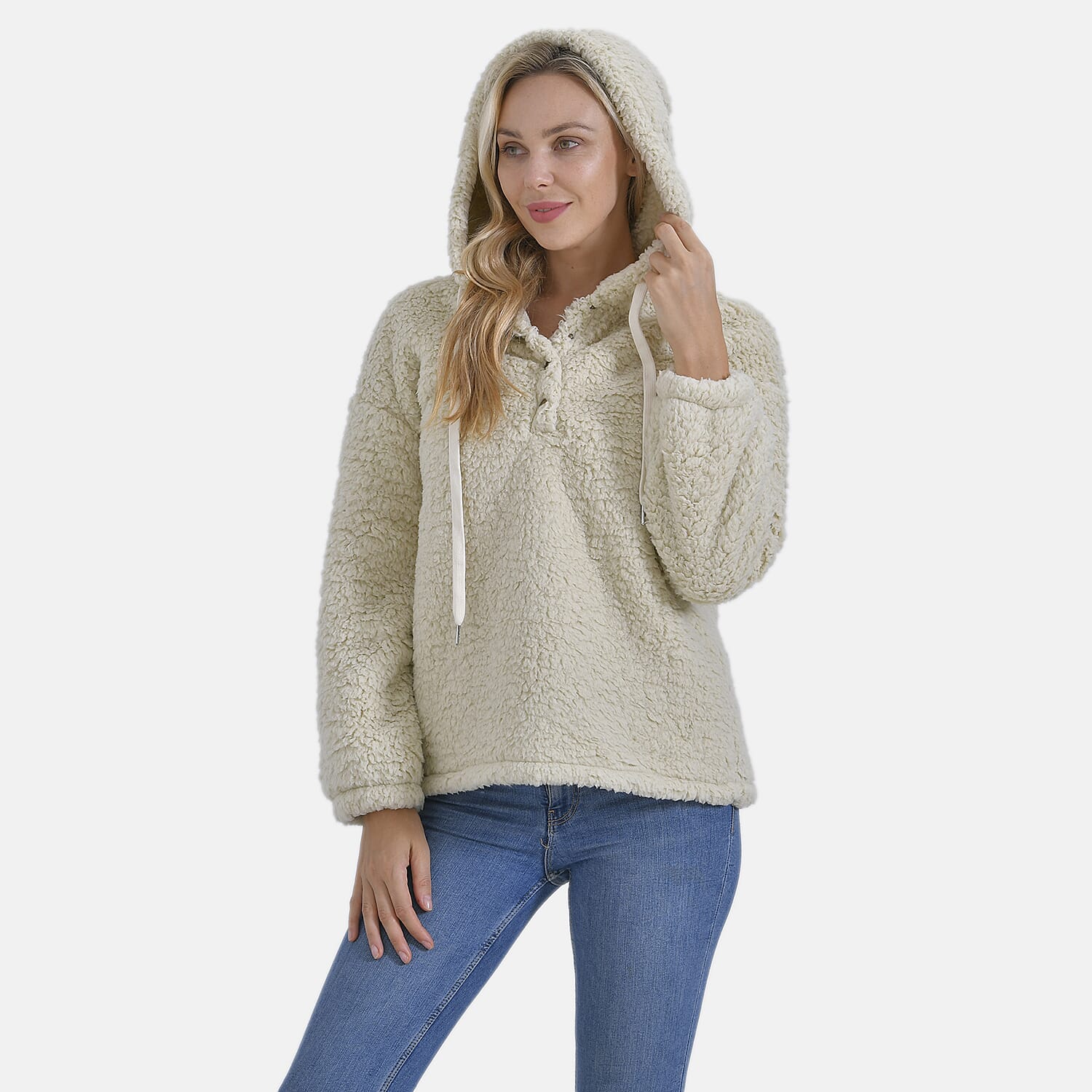 - Maisi Plush Hoodie with Button Neck (Size M) - Beige