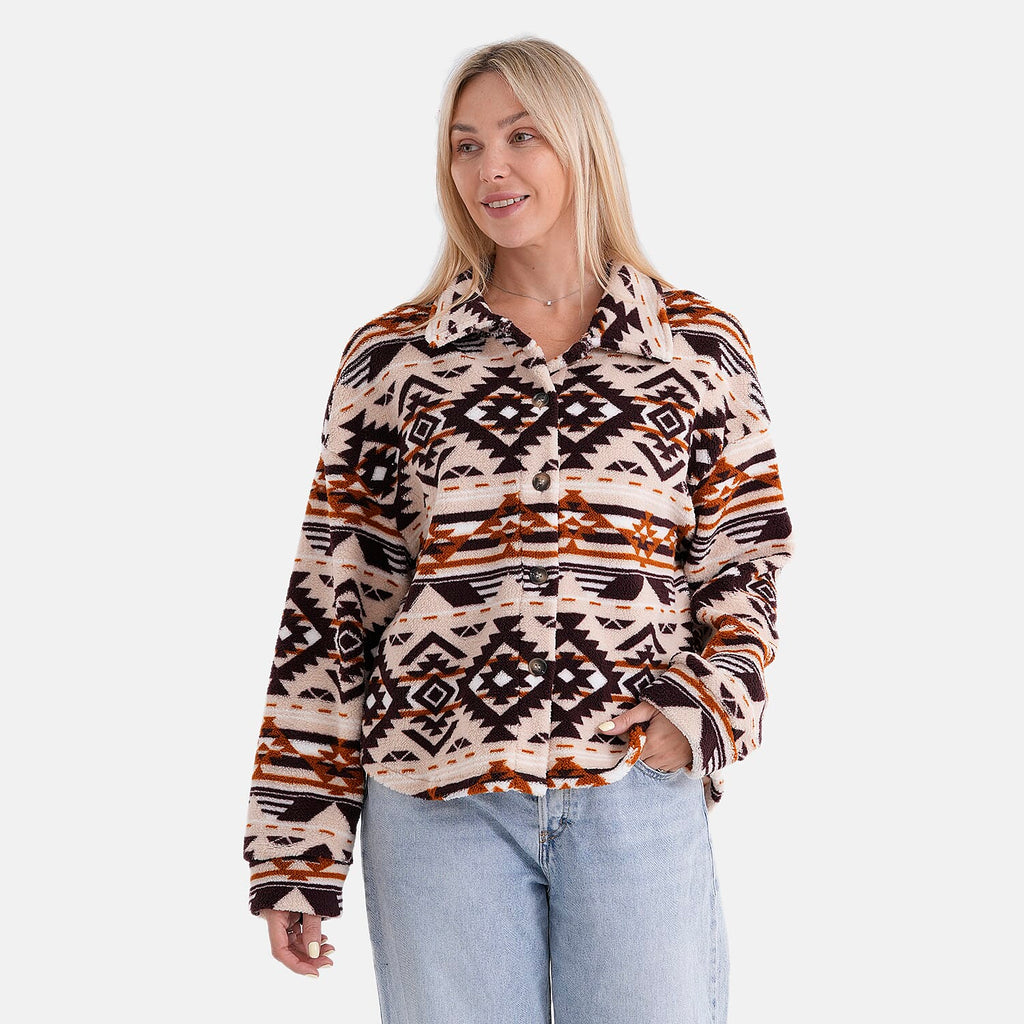 - Maisi Aztec Print Plush Teddy Coat (One Size) - Beige