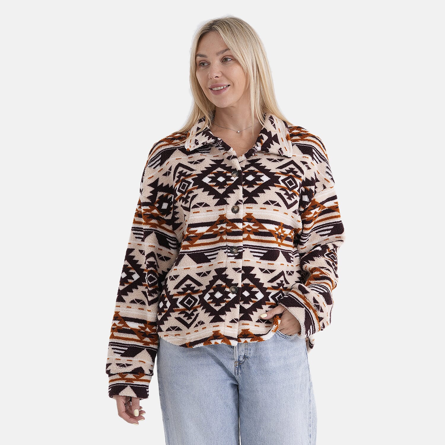 - Maisi Aztec Print Plush Teddy Coat (One Size) - Beige