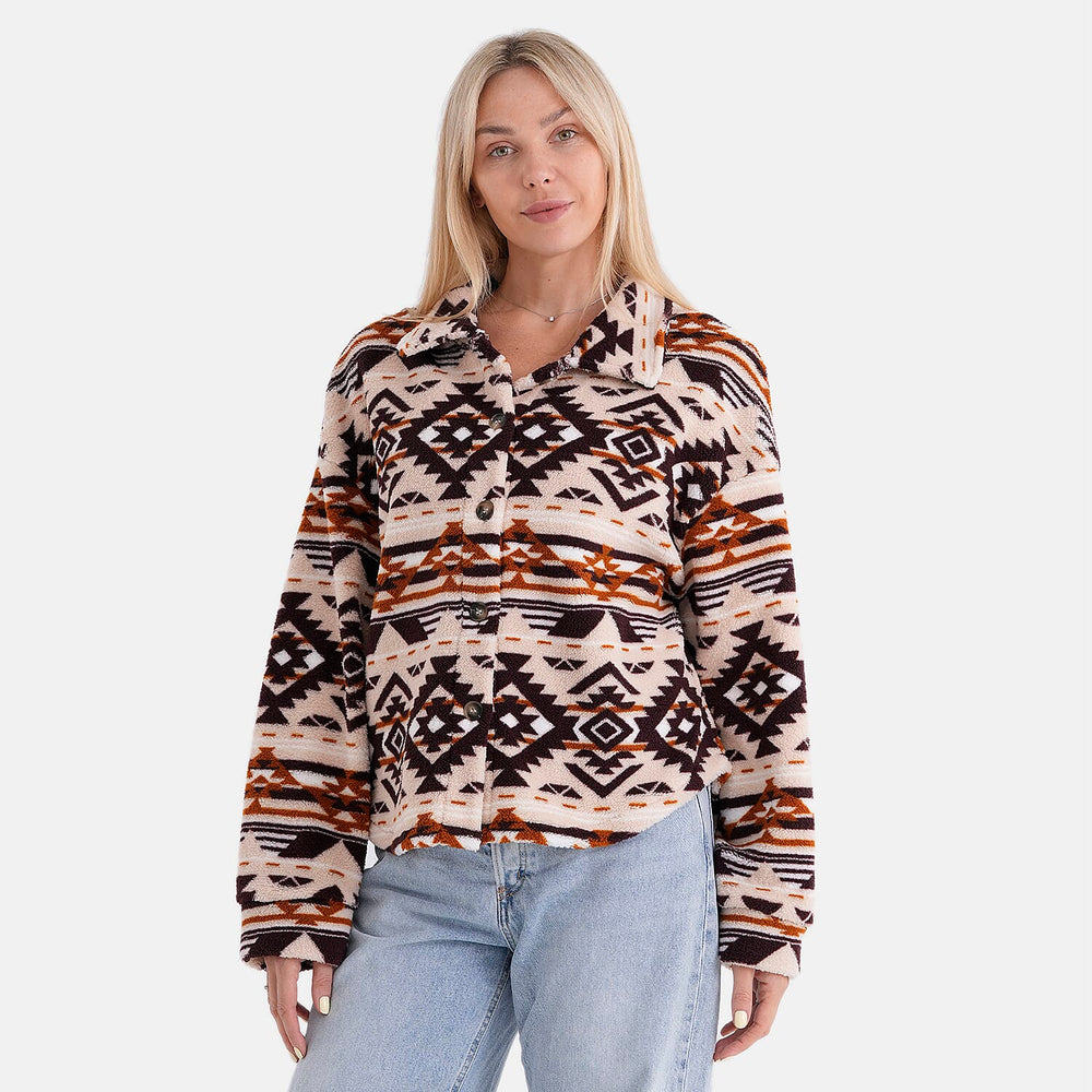 - Maisi Aztec Print Plush Teddy Coat (One Size) - Beige
