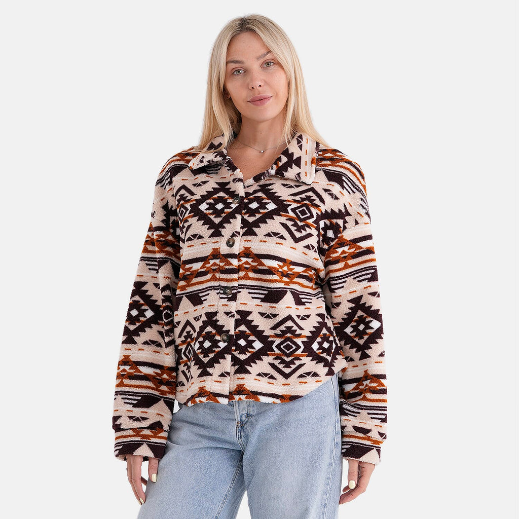 - Maisi Aztec Print Plush Teddy Coat (One Size) - Beige
