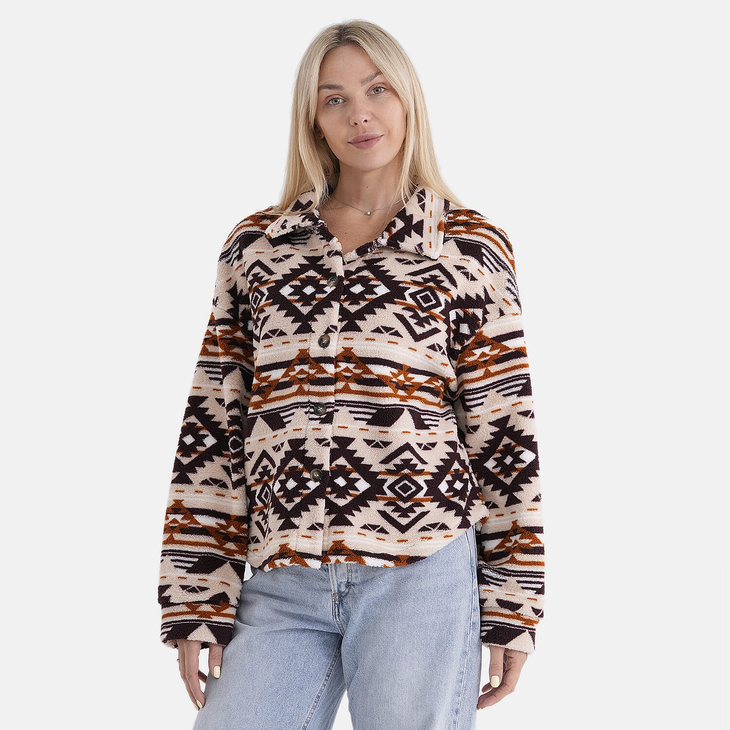 - Maisi Aztec Print Plush Teddy Coat (One Size) - Beige