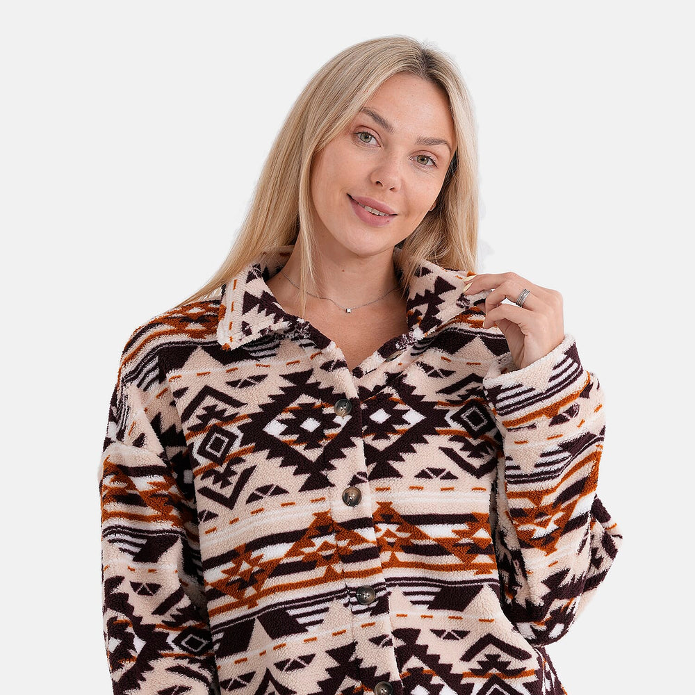 - Maisi Aztec Print Plush Teddy Coat (One Size) - Beige