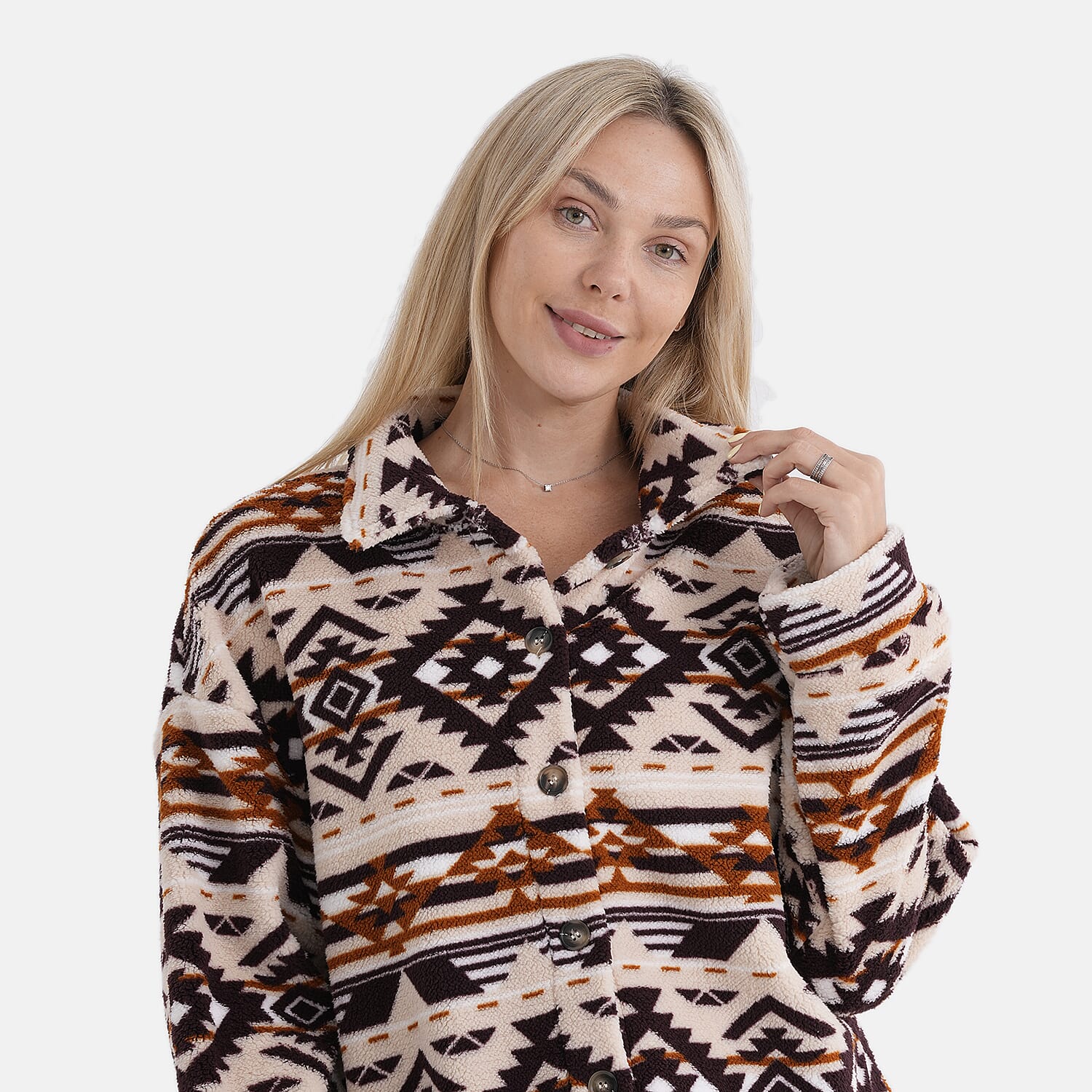 - Maisi Aztec Print Plush Teddy Coat (One Size) - Beige