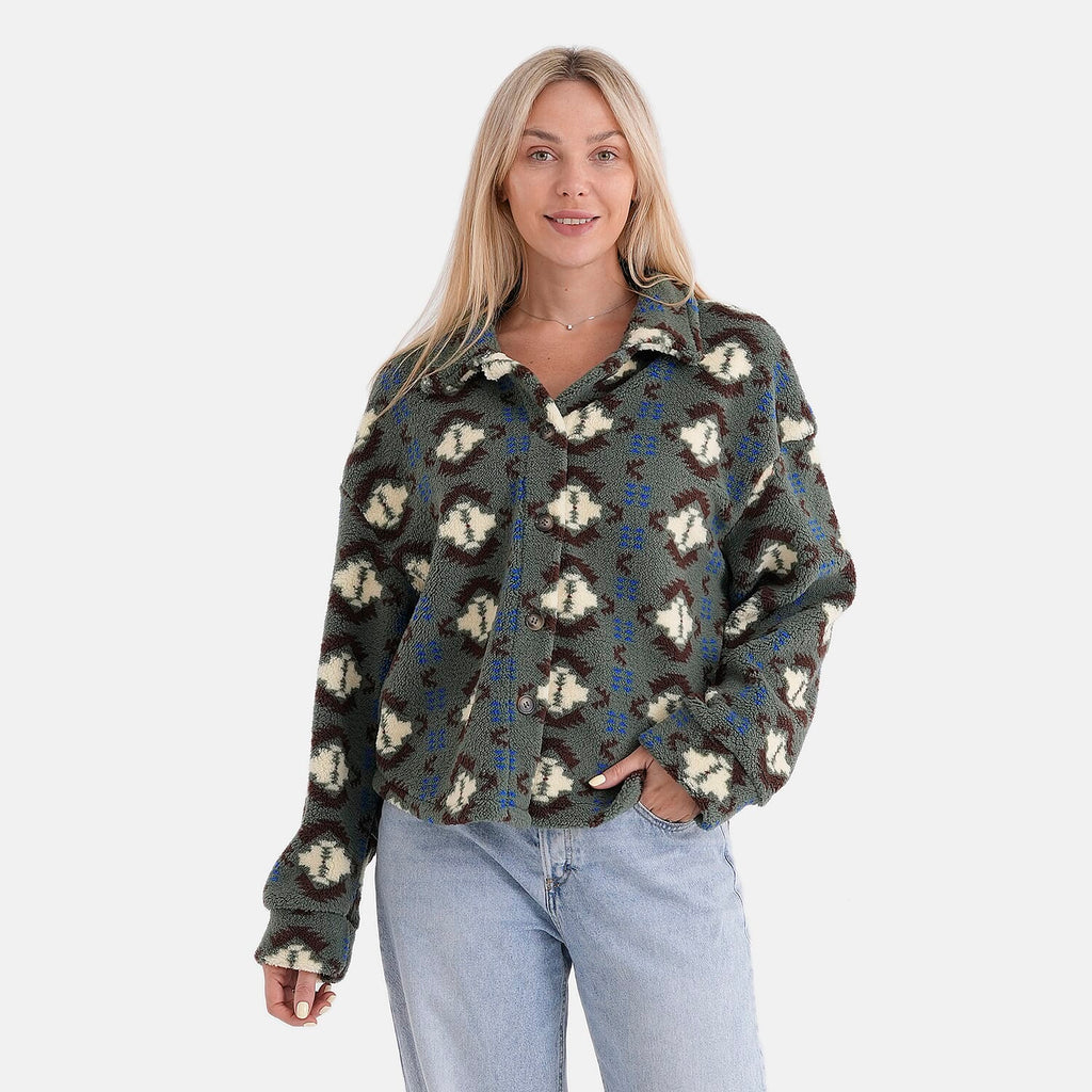 - Maisi Aztec Print Plush Teddy Coat (One Size) - Green