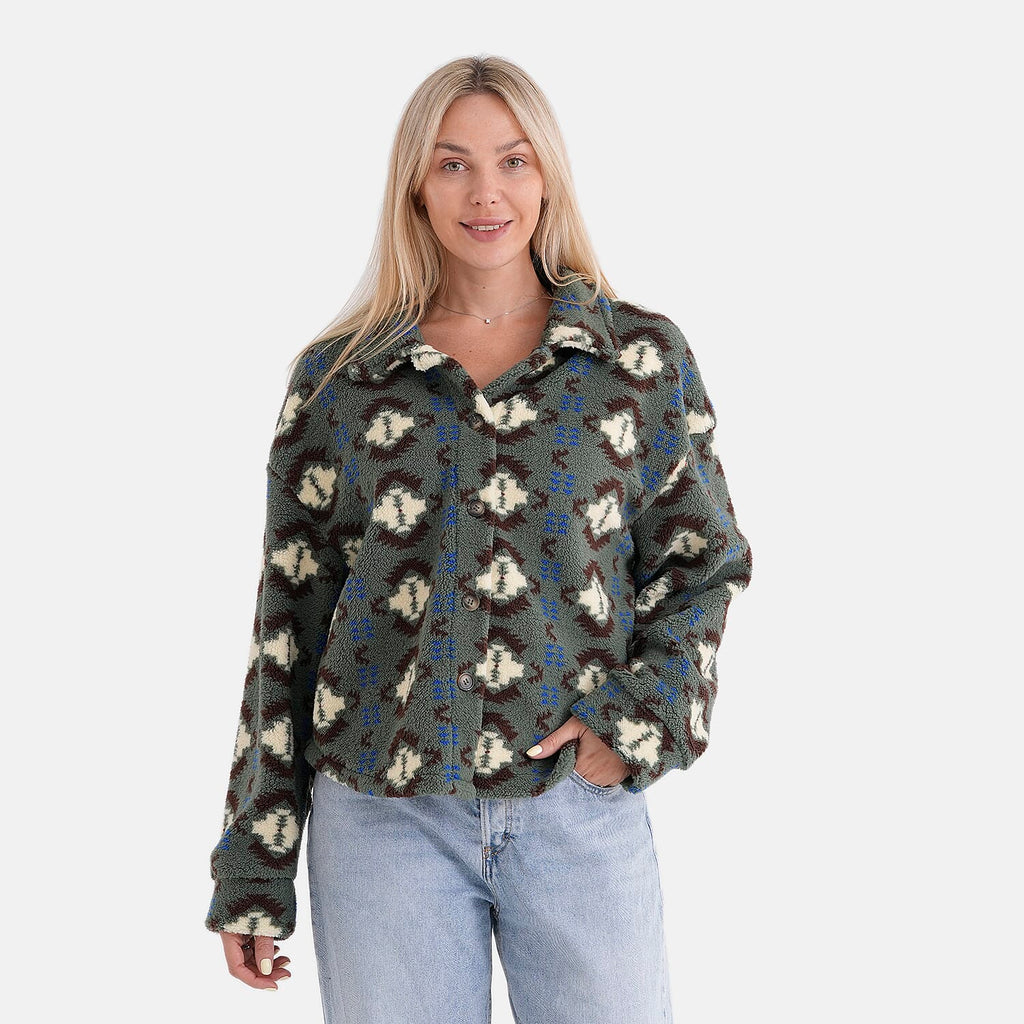 - Maisi Aztec Print Plush Teddy Coat (One Size) - Green