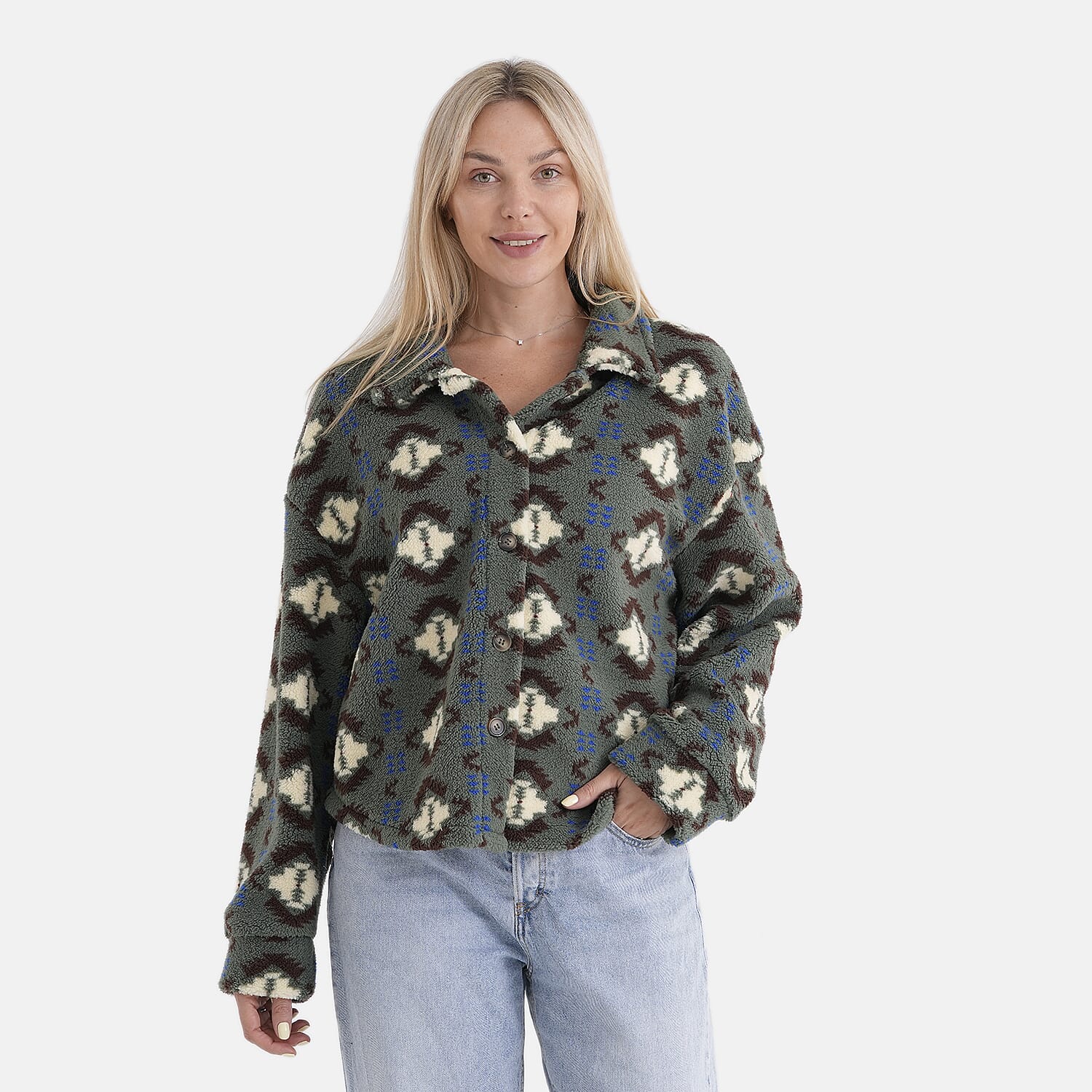 - Maisi Aztec Print Plush Teddy Coat (One Size) - Green