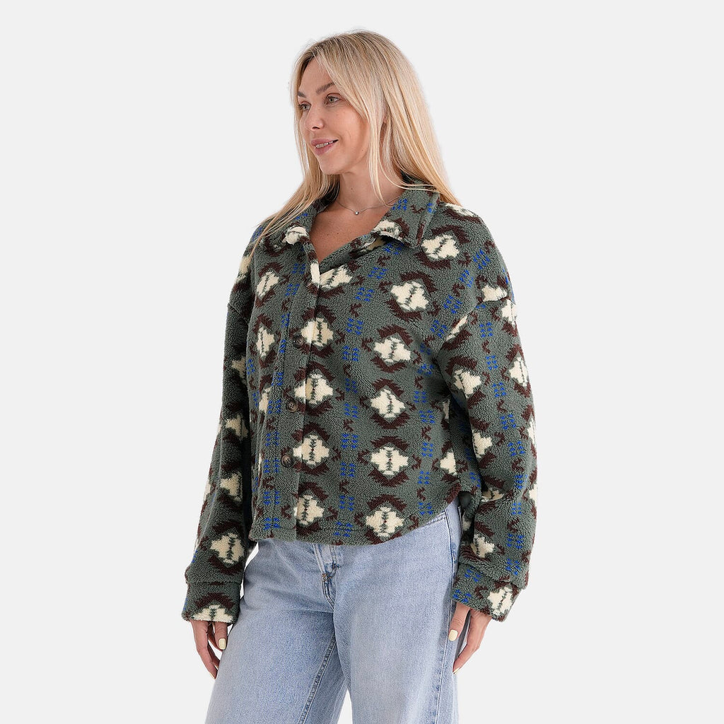 - Maisi Aztec Print Plush Teddy Coat (One Size) - Green