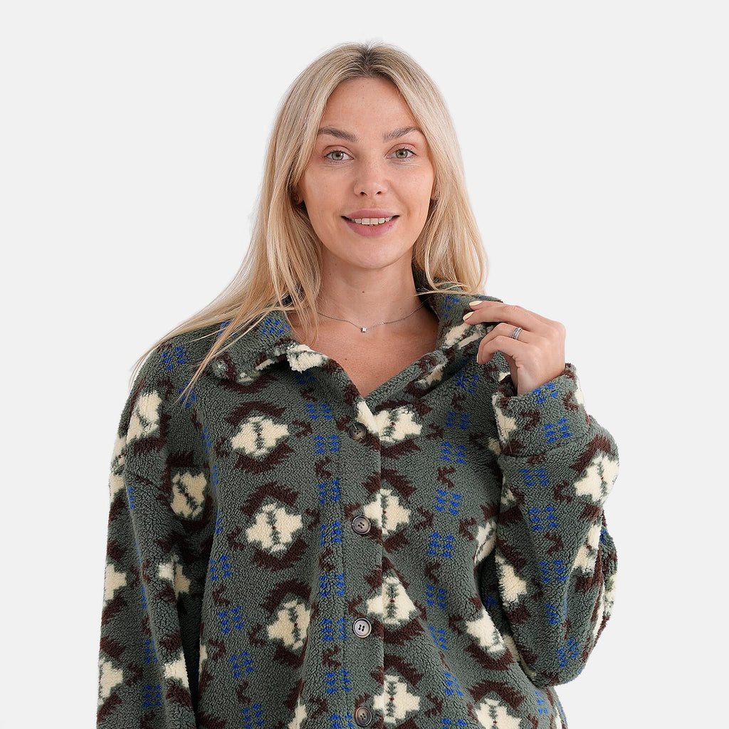 - Maisi Aztec Print Plush Teddy Coat (One Size) - Green