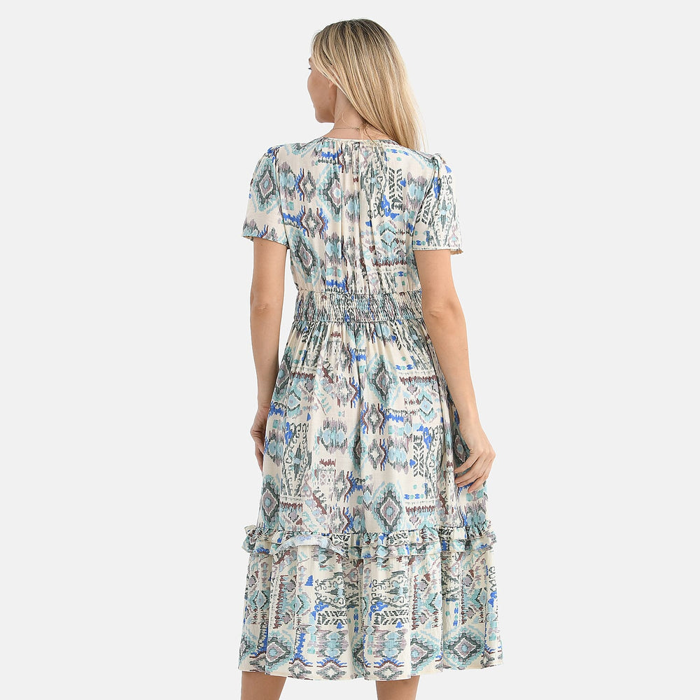 - Maisi Womens Viscose Tribal Pattern Tiered Summer Midi Dress (Size XL) - White - Green