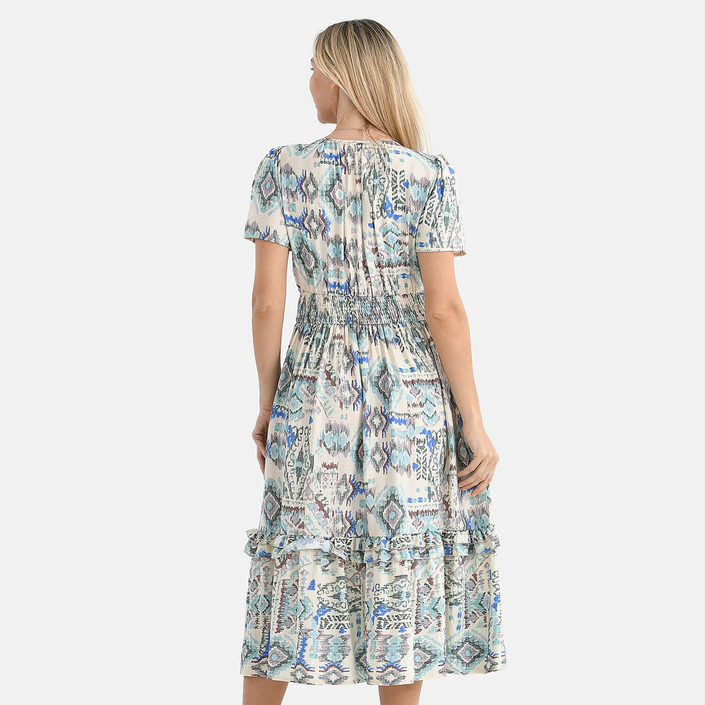 - Maisi Womens Viscose Tribal Pattern Tiered Summer Midi Dress (Size XL) - White - Green