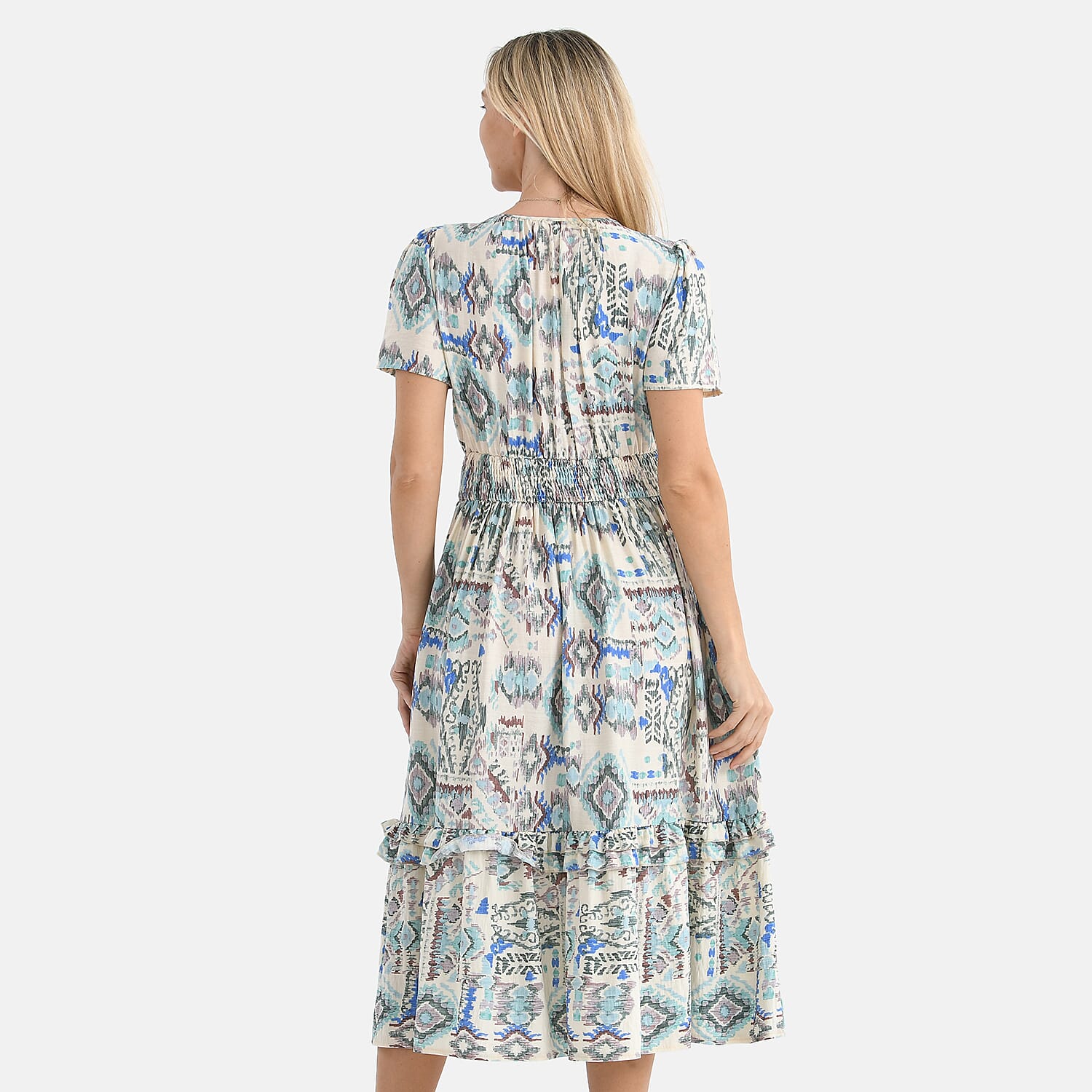 - Maisi Womens Viscose Tribal Pattern Tiered Summer Midi Dress (Size XL) - White - Green