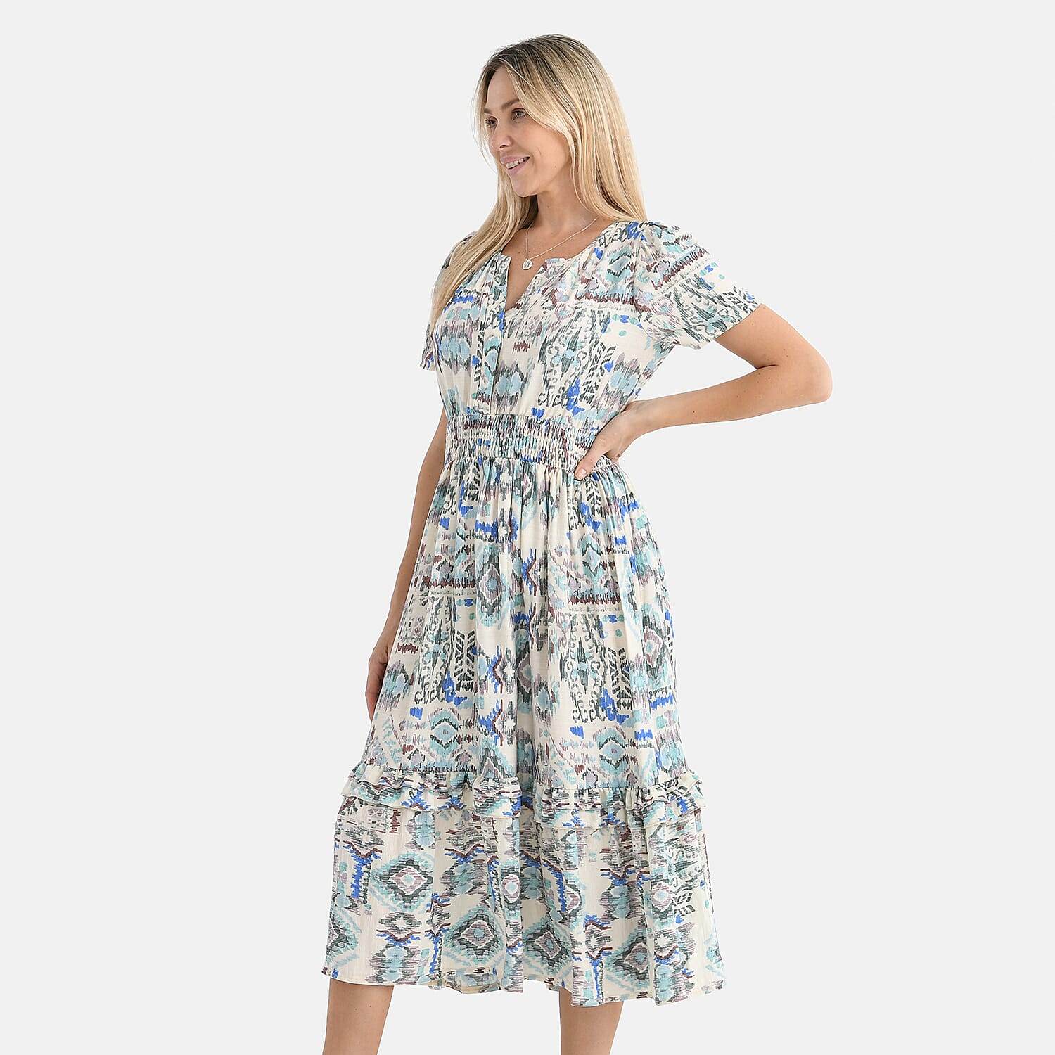 - Maisi Womens Viscose Tribal Pattern Tiered Summer Midi Dress (Size XL) - White - Green