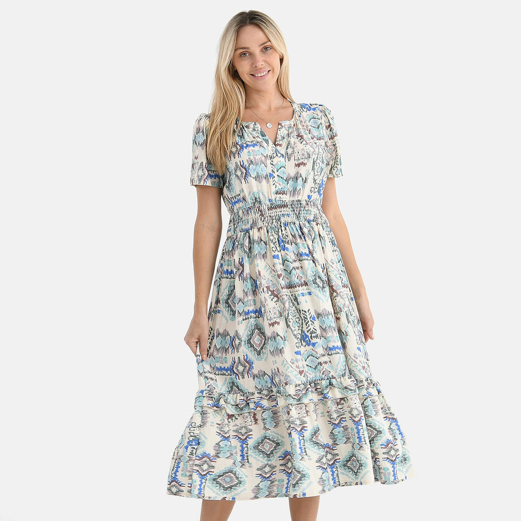- Maisi Womens Viscose Tribal Pattern Tiered Summer Midi Dress (Size XL) - White - Green