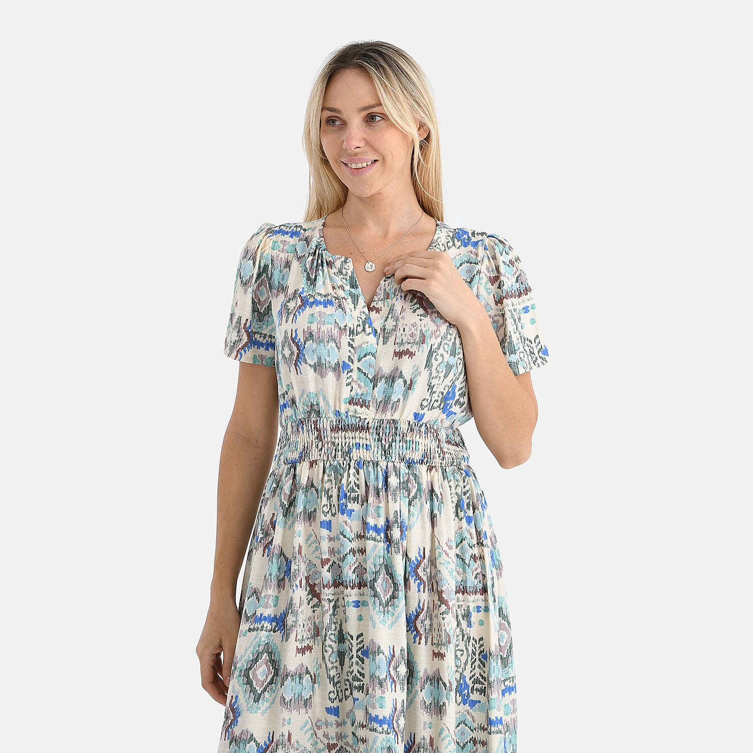 - Maisi Womens Viscose Tribal Pattern Tiered Summer Midi Dress (Size XL) - White - Green