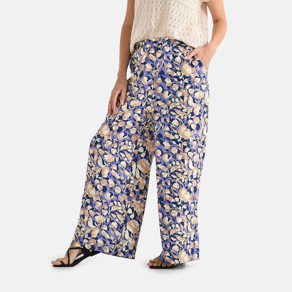 - Maisi Floral PrintSOFT TOUCH Wide Leg Trouser (Size L) - Purple Base with Light Brown - Yellow Flowers