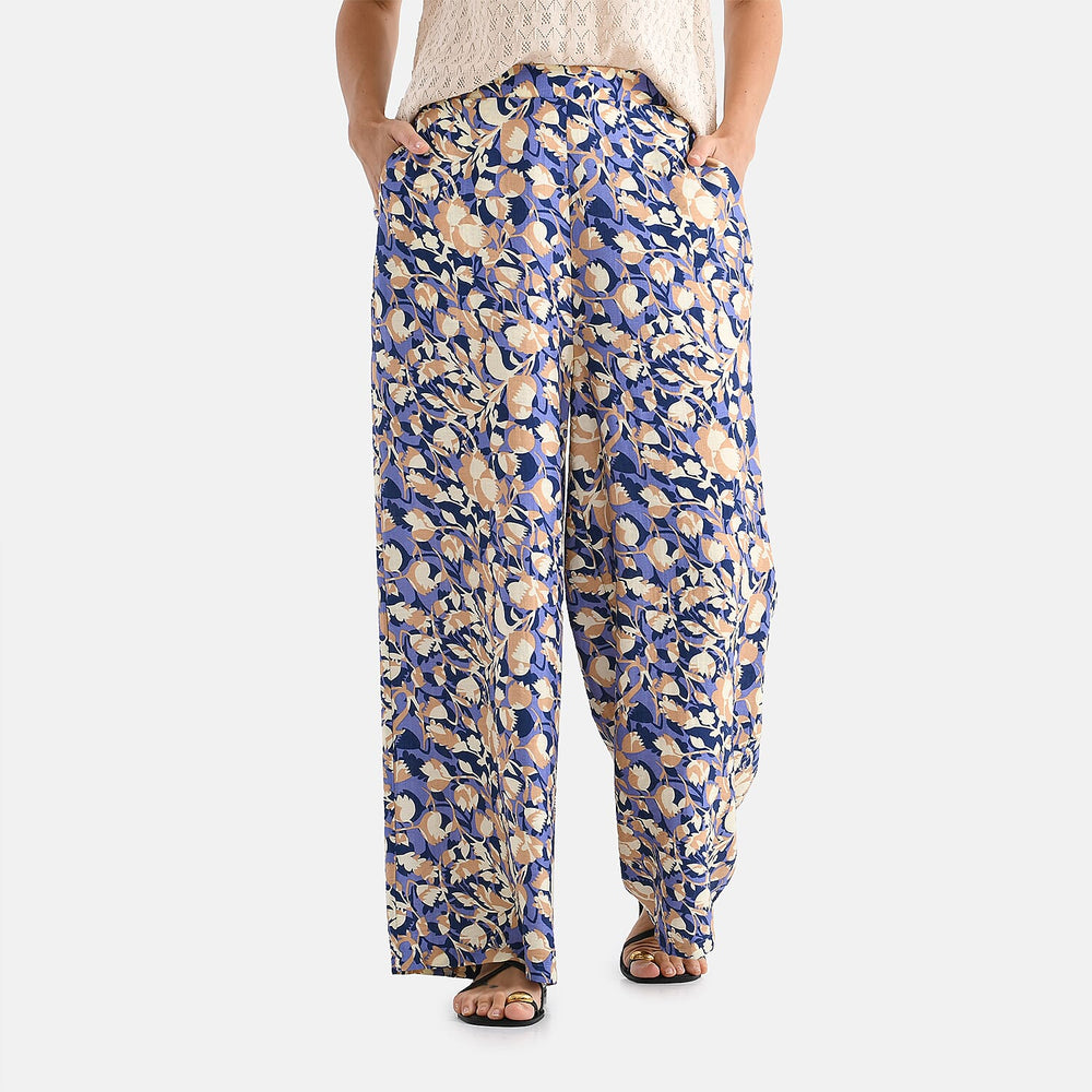 - Maisi Floral PrintSOFT TOUCH Wide Leg Trouser (Size L) - Purple Base with Light Brown - Yellow Flowers