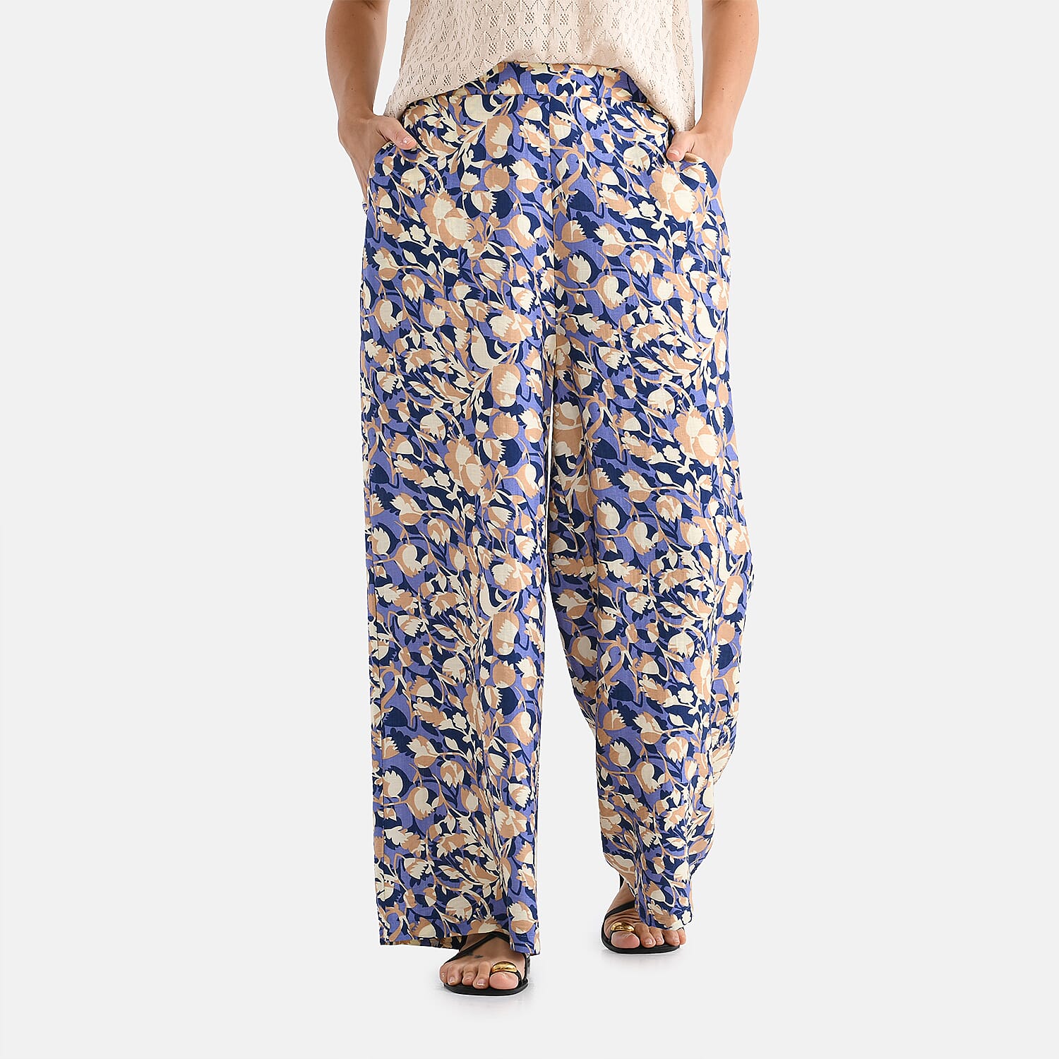 - Maisi Floral PrintSOFT TOUCH Wide Leg Trouser (Size L) - Purple Base with Light Brown - Yellow Flowers